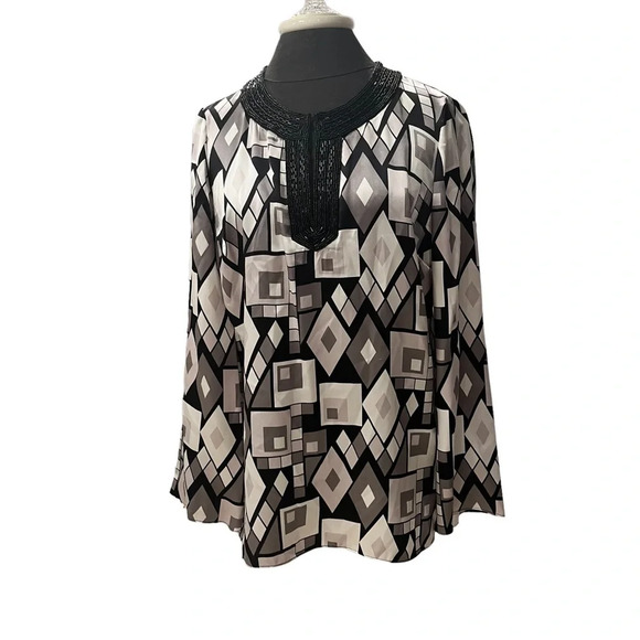 INC International Concepts Geometric Silk Charmeuse Tunic Beaded Placket 8 - Picture 1 of 8